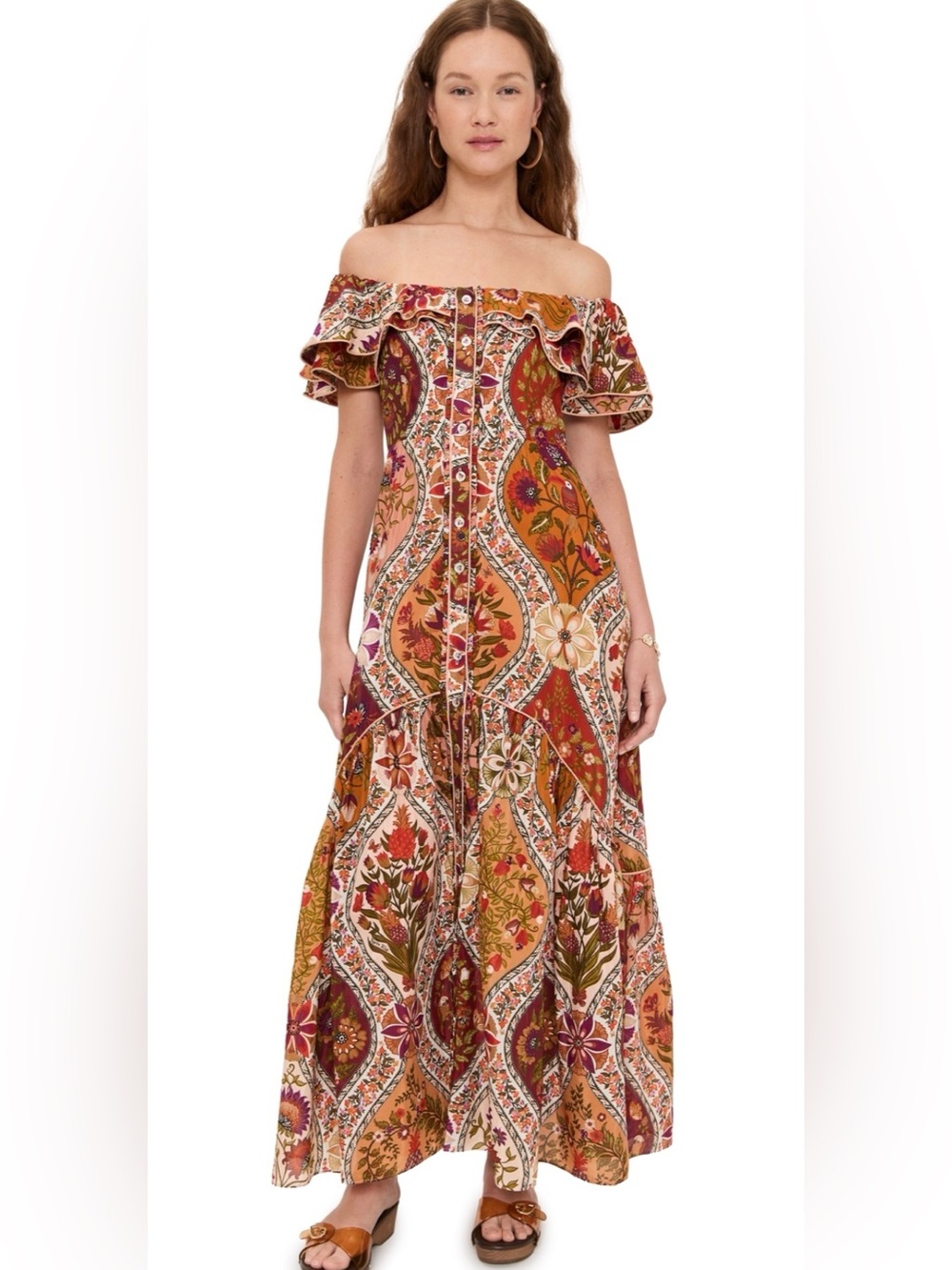 NWT AUTH FARM RIO Fall Romantic Nature Off-Shoulder Maxi Dress Medium Pockets - Picture 13 of 14